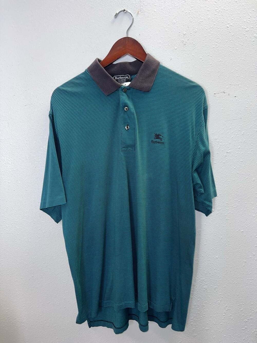 Vintage 90s Burberrys Polo Shirt Mens Medium Teal Stripe Made in USA Equestrian